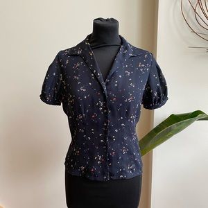 Vintage navy floral puff sleeve blouse top Sz S/M